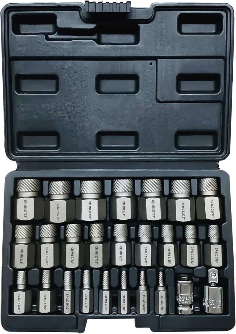 NORTOOLS 26PCS CR-MO Screw Extractor Set,Hex-Head Multi-Spline Screw Easy-out Screw Extraction Set 3/8" Inch Drive Hex-Head, Broken Bolt Remover, Stripped Fastener Tool for Stripped, Rounded, Damaged - Image 1